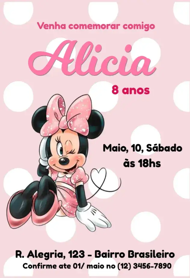 Convite Convite Minnie Bolinhas – tema Aniversário Infantil colorido, divertido, infantil, Disney, rosa e pink, temático