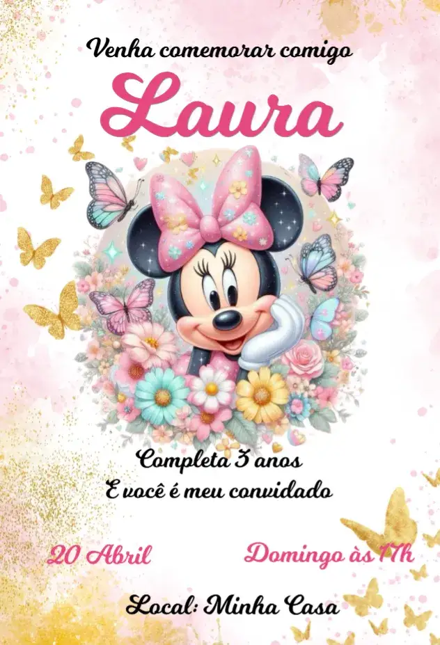 Invitación Invitación Minnie Mariposas Doradas – tema Cumpleaños Infantil floral, dorado, moderno, colorido, temático, infantil