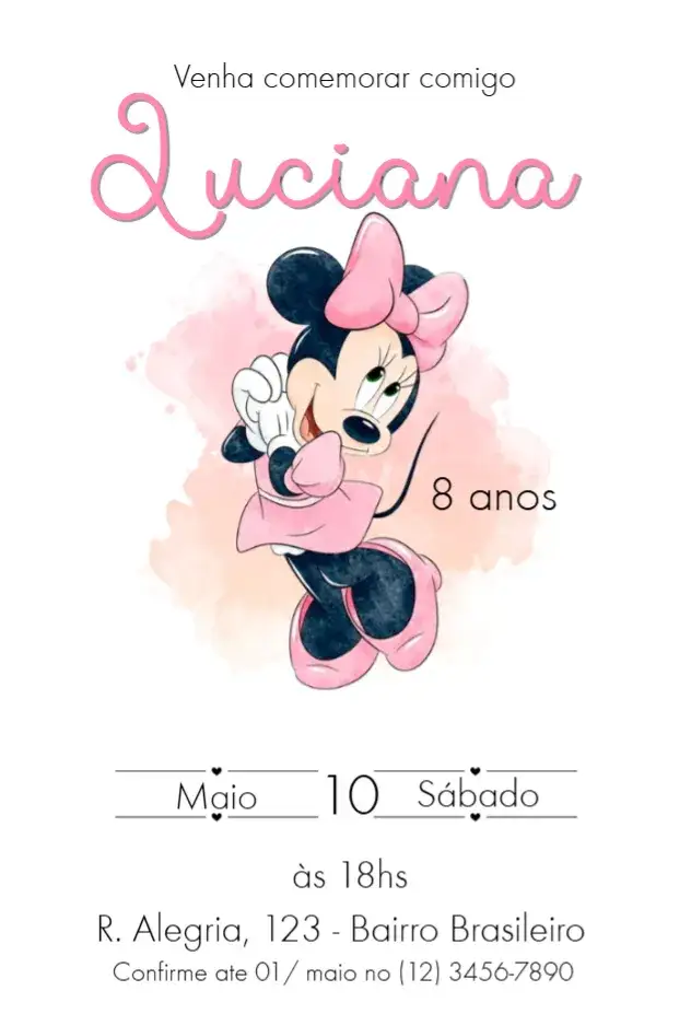 Convite Convite Minnie Delicado – tema Aniversário Infantil delicado, rosa, pink, Disney, divertido, temático