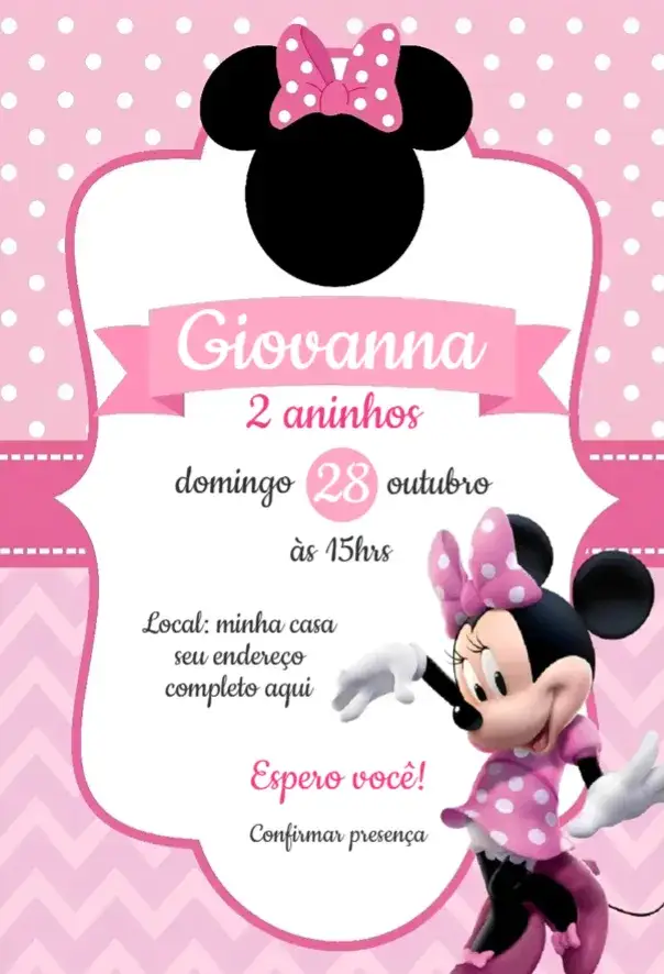 Convite Convite Minnie Digital – tema Aniversário rosa, divertido, lúdico, infantil, temática Minnie, colorido