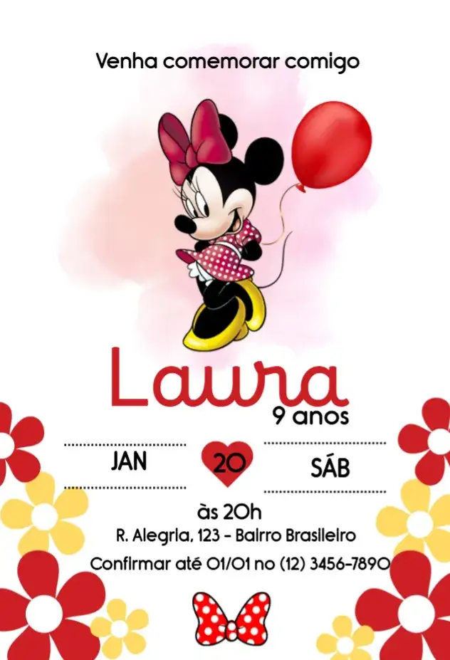 Invitation Minnie Floral Balloon Invitation – Kids' Birthday Party theme floral, colorful, childish, themed, vintage, fun