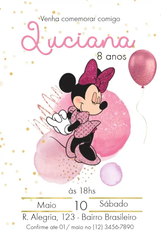 Invitación Invitación Minnie Glitter – tema Cumpleaños Infantil rosa, dorado, brillo, Disney, infantil, temático