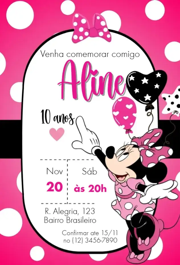 Invitación Invitación Minnie Pink – tema Cumpleaños Infantil rosa, divertido, colorido, infantil, Disney, temático