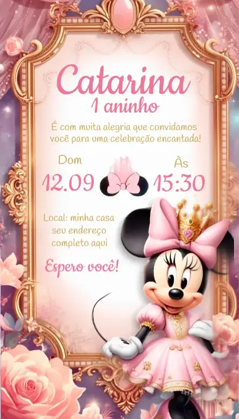 Convite Convite Minnie Realeza – tema Aniversário rosa, dourado, infantil, realeza, Minnie Mouse, temática