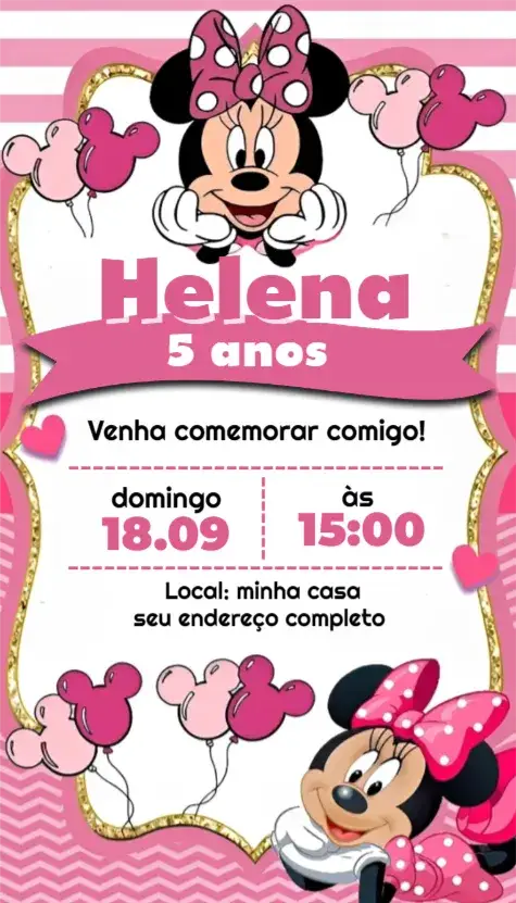 Invitación Convite Minnie Rosa – tema Aniversário rosa, divertido, infantil, temática da Minnie, colorido