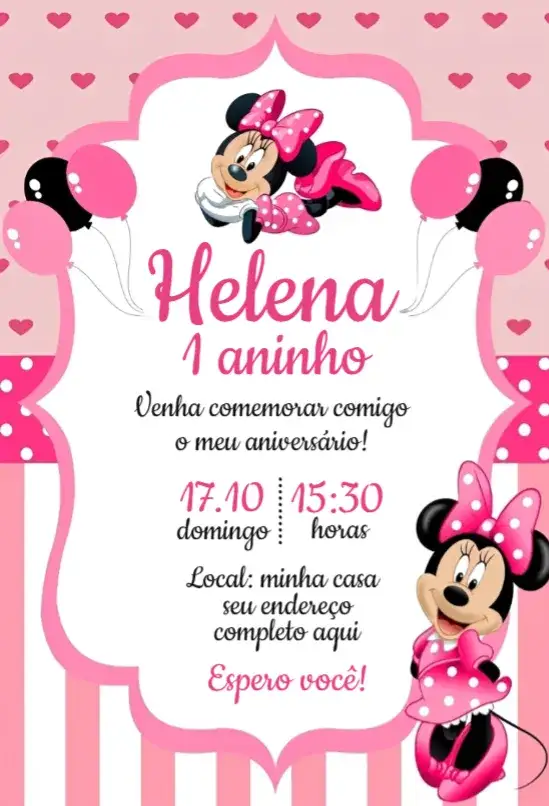 Convite Convite Minnie Rosa – tema Aniversário rosa, divertido, infantil, temático, colorido