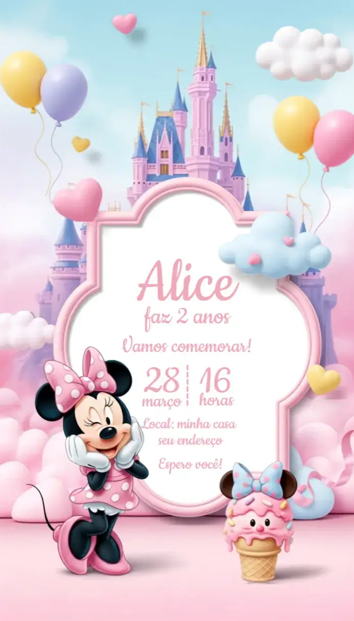 Convite Convite Minnie Rosa – tema Aniversário rosa, divertido, confeitaria, infantil, temático, colorido