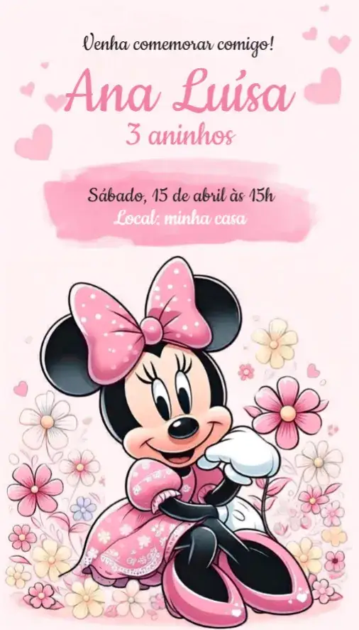 Convite Convite Minnie Rosa – tema Aniversário rosa, infantil, Disney, fofo, colorido