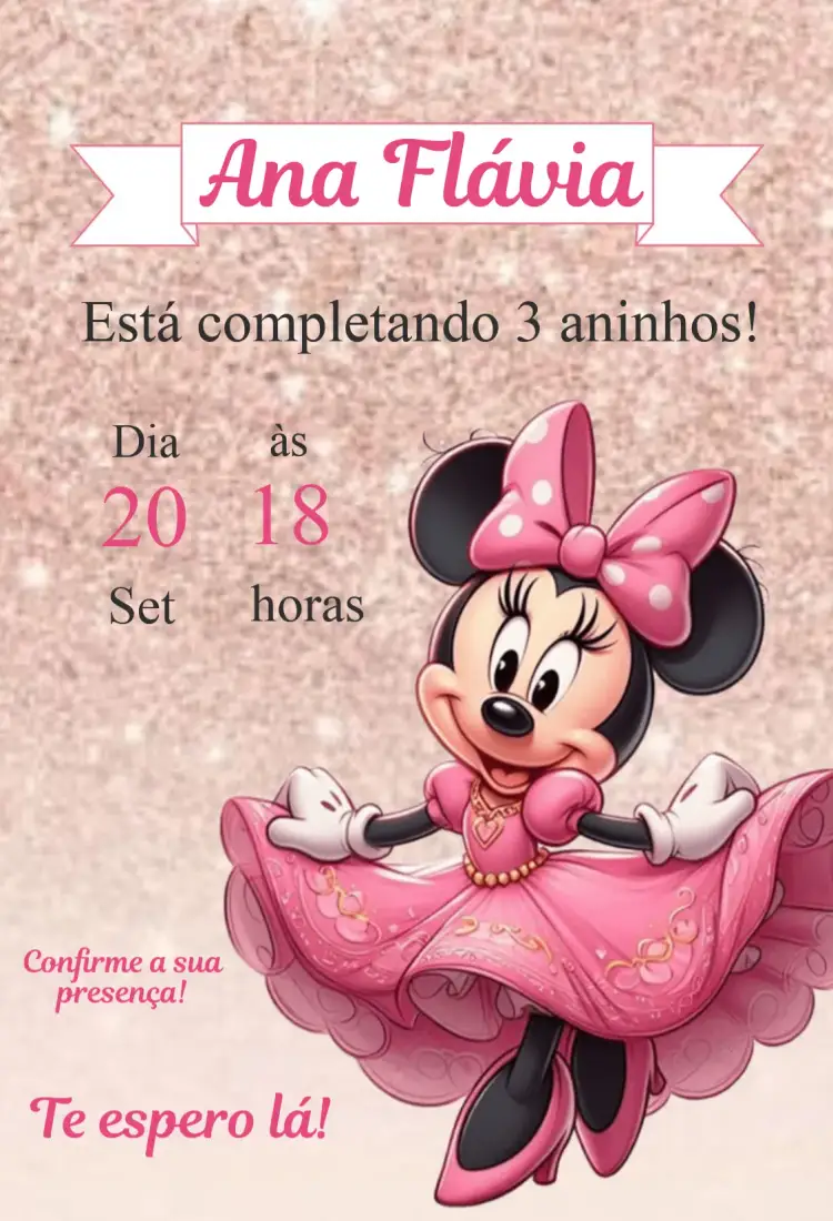 Convite Convite Minnie Rosa – tema Aniversário Infantil rosa, divertido, temático, colorido, infantil