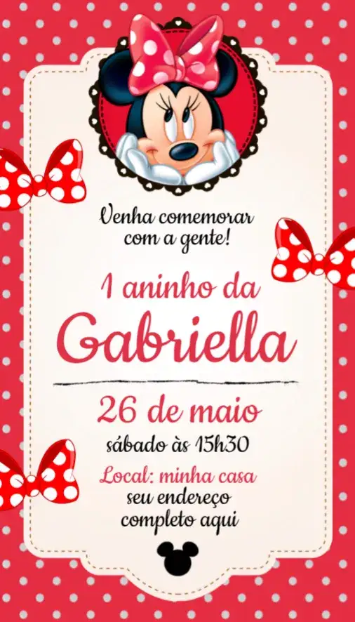 Convite Convite Minnie Vermelha – tema Aniversário vermelho, divertido, infantil, colorido, temático, lúdico