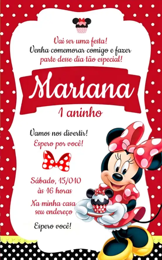 Convite Convite Minnie Vermelha – tema Aniversário vermelho, divertido, infantil, Disney, temático, colorido