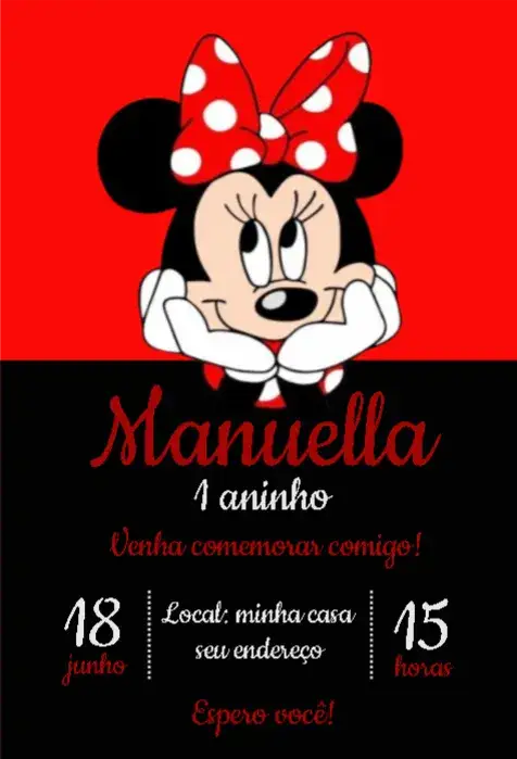 Convite Convite Minnie Vermelha e Preto – tema Aniversário Infantil vermelho, preto, divertido, temático, infantil, colorido