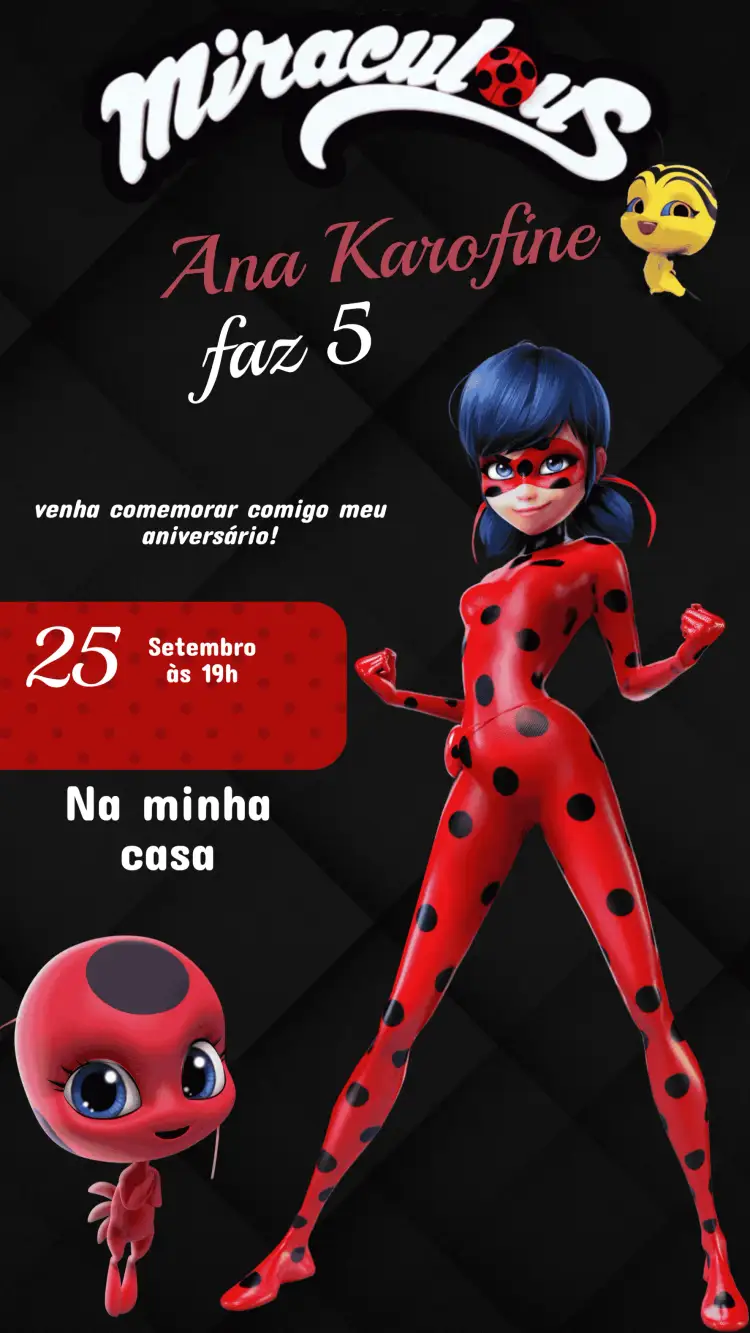 Convite Convite Miraculous Ladybug – tema Aniversário Infantil colorido, divertido, moderno, fantasia, jovial