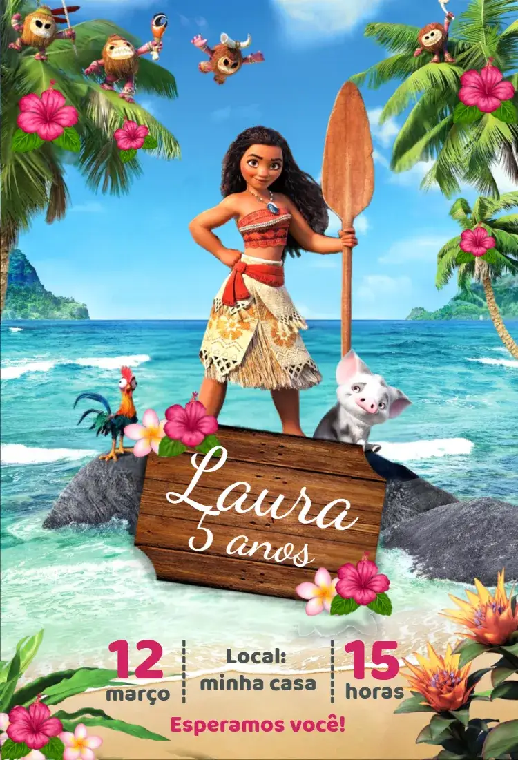 Convite Convite Moana – tema Aniversário colorido, tropical, marinho, divertido, aventura