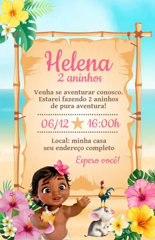 Convite Convite Moana Baby – tema Aniversário Infantil tropical, floral, colorido, infantil, aqua, aventura
