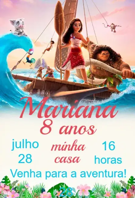 Invitación Invitación Moana Digital – tema Cumpleaños vibrante, colorido, temático, oceánico, divertido, infantil