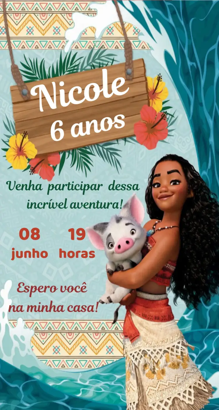 Convite Convite Moana Digital – tema Aniversário tropical, marítimo, colorido, divertido, aventura, animado
