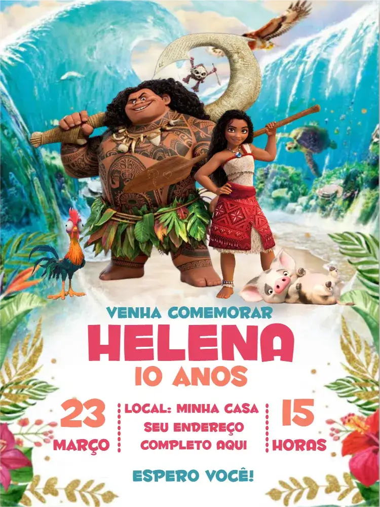 Invitación Invitación Virtual de Moana – tema Cumpleaños tropical, colorido, aventura, marino, infantil, fantasía