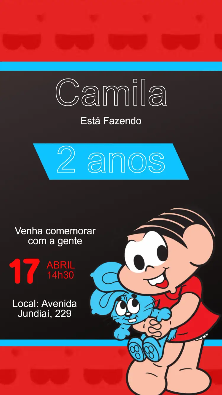 Convite Convite Mônica Turma da Mônica - Festa Infantil Editável – tema Aniversário Infantil colorido, divertido, infantil, ilustrações da Turma da Mônica, estilo cartoon