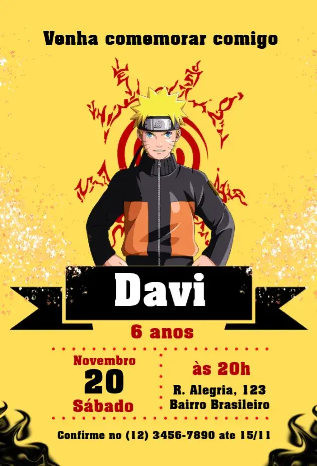 Invitación Convite Naruto Amarelo – tema Aniversário Infantil amarelo vibrante, anime, aventura, colorido, divertido