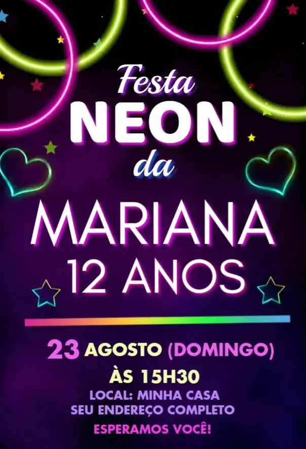 Convite Convite Neon – tema Aniversário neon, colorido, moderno, vibrante, balada, festa temática