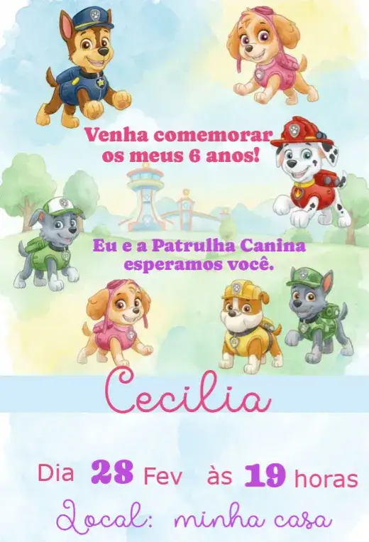 Convite Convite Patrulha Canina – tema Aniversário Infantil colorido, aventura, divertido, infantil, temático, animais