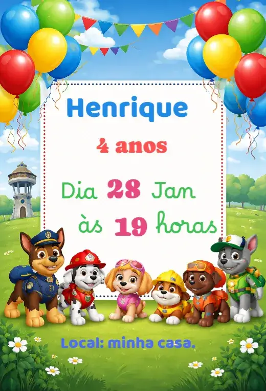 Convite Convite Patrulha Canina – tema Aniversário Infantil colorido, divertido, temático, infantil, animado