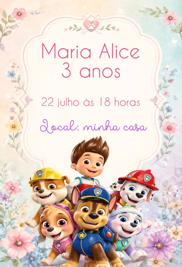 Convite Convite Patrulha Canina – tema Aniversário Infantil colorido, divertido, infantil, temático, animado, aventura