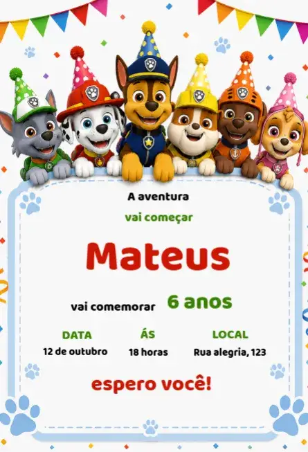 Invitación Invitación Patrulla Canina – tema Cumpleaños Infantil colorido, divertido, aventura, infantil, temático