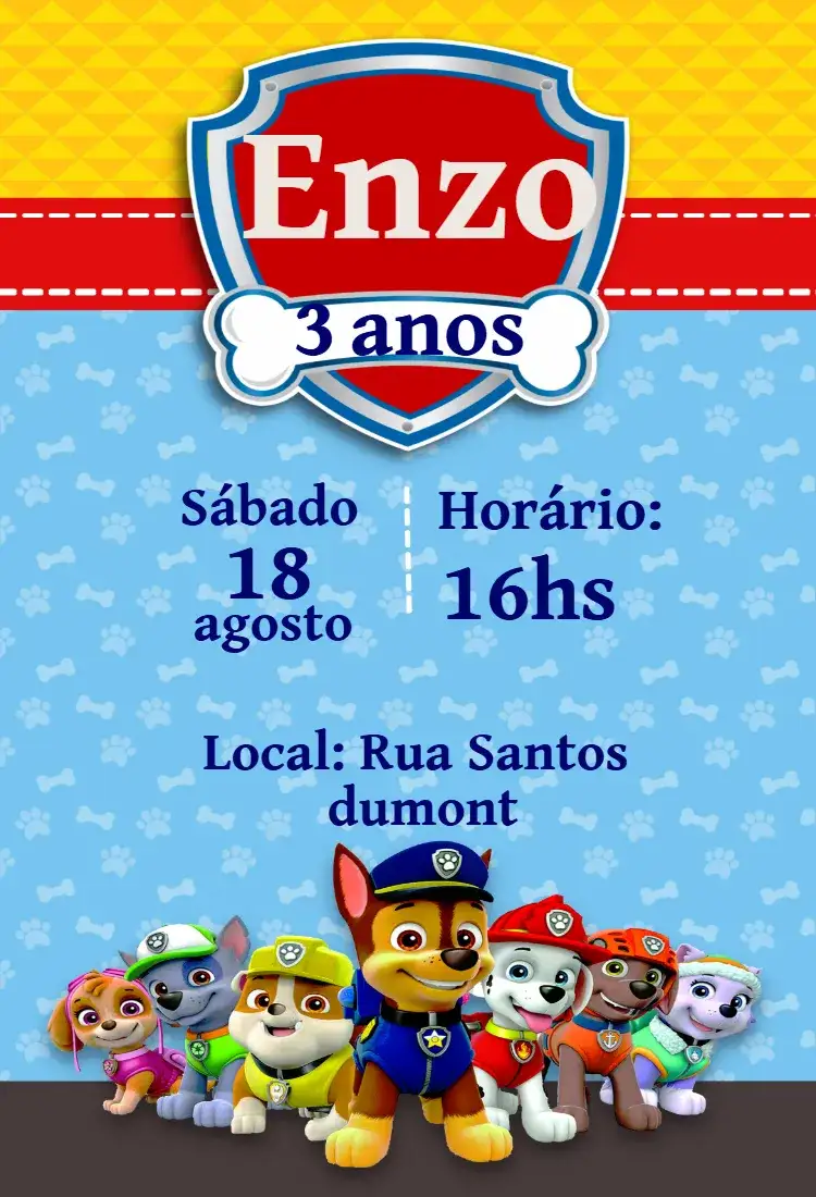 Convite Convite Patrulha Canina – tema Aniversário Infantil colorido, aventura, diversão, infantil, temático