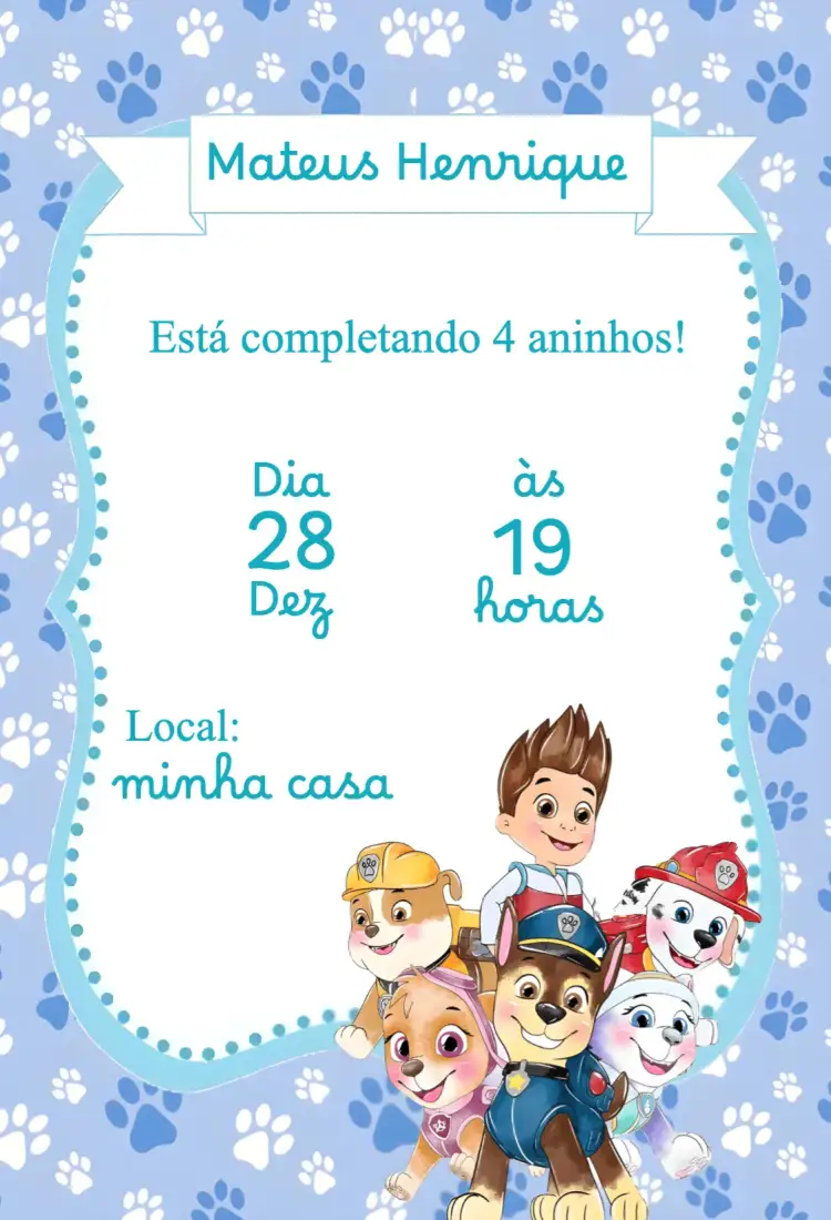 Convite Convite Patrulha Canina – tema Aniversário Infantil azul, divertido, temático, infantil, aventura
