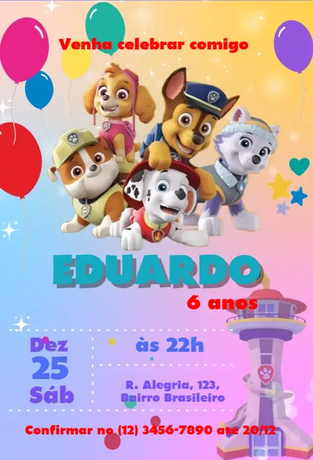 Convite Convite Patrulha Canina Colorido – tema Aniversário Infantil colorido, divertido, temático, infantil, animado