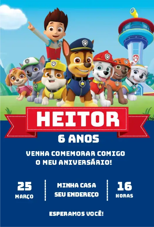 Convite Convite Patrulha Canina Turma Farol – tema Aniversário Infantil colorido, aventura, temática, divertido, infantil