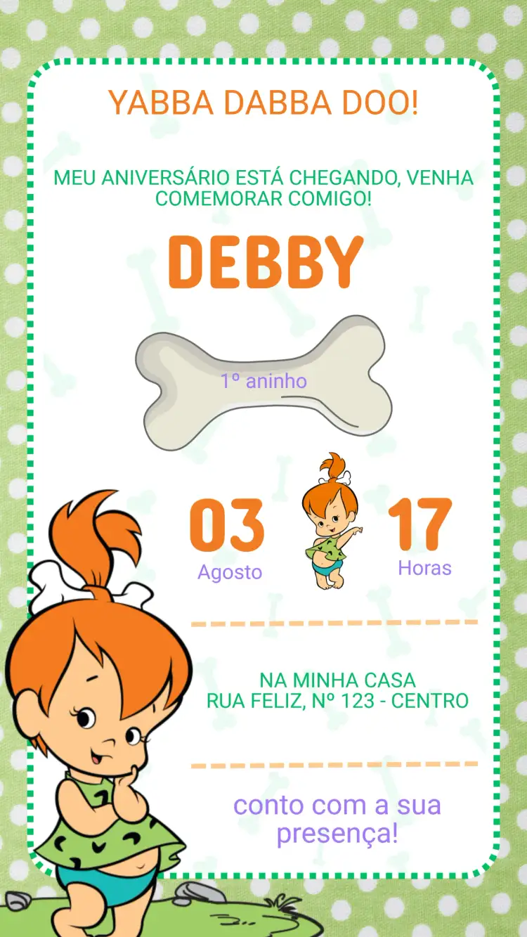 Convite Convite Pedrita Flintstone – tema Aniversário Infantil pré-histórico, vibrante, colorido, divertido, lúdico, animado