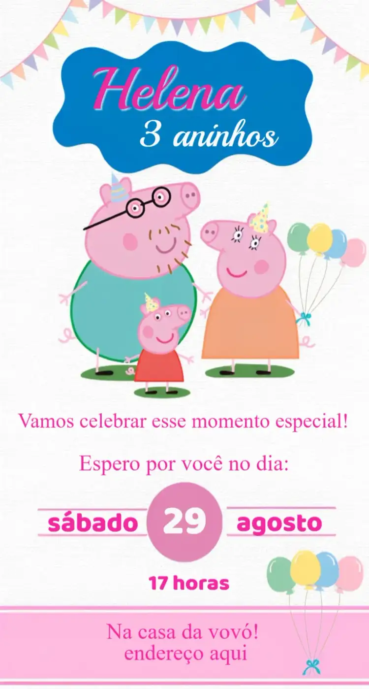 Convite Convite Peppa Pig Digital – tema Aniversário colorido, divertido, infantil, temático, lúdico