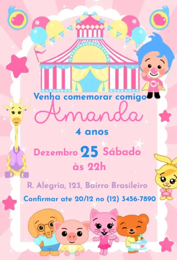 Invitación Invitación Plim Plim rosa – tema Cumpleaños Infantil rosa, divertido, colorido, lúdico, infantil, alegre