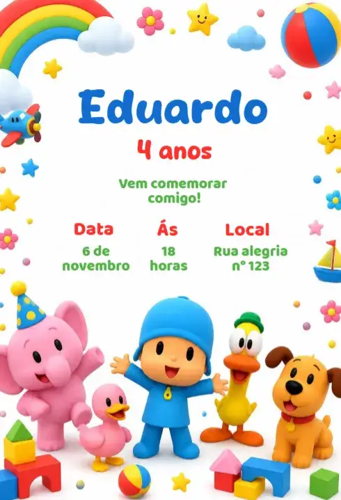 Convite Convite Pocoyo – tema Aniversário Infantil colorido, divertido, lúdico, infantil, temático