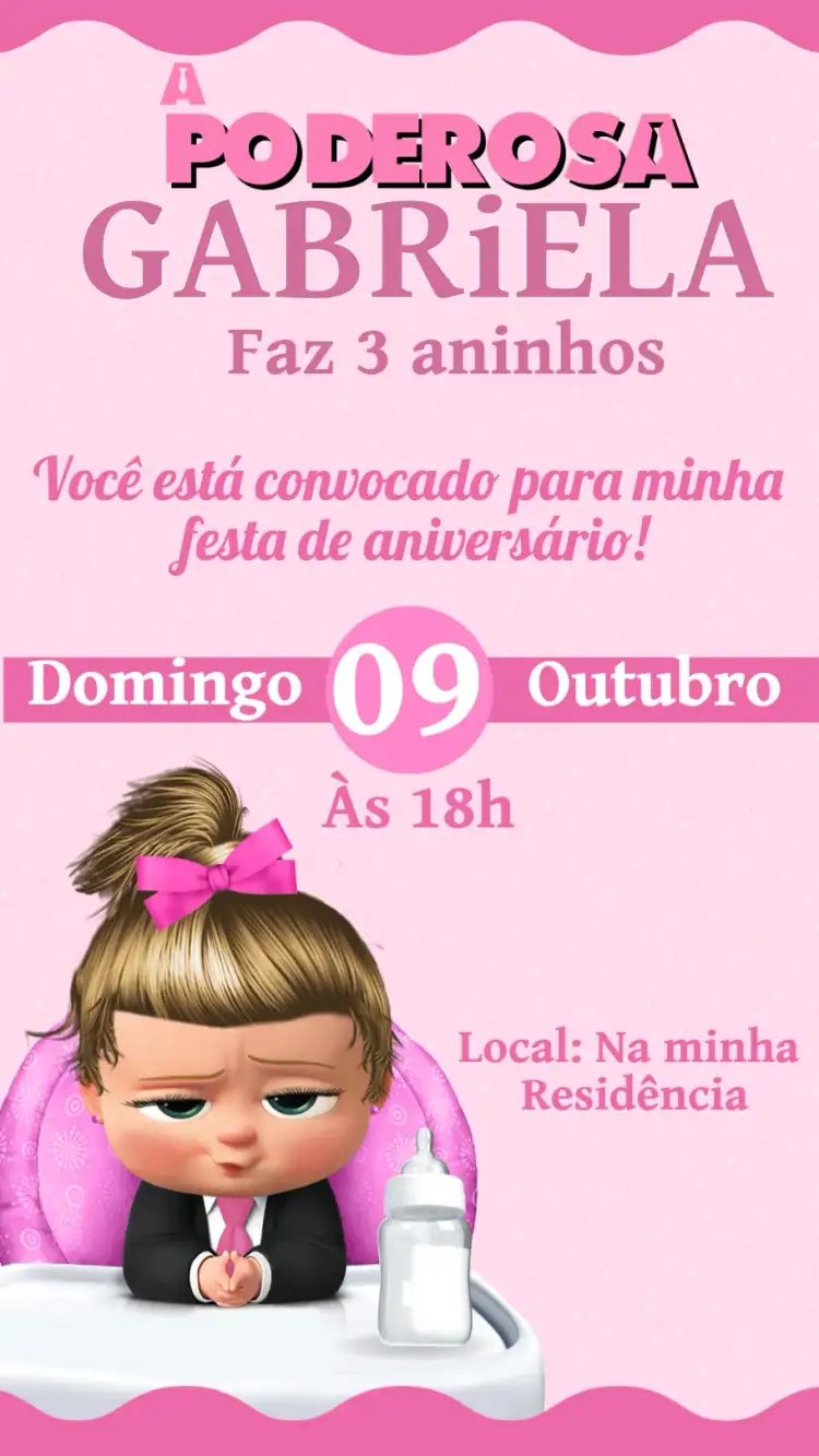 Convite Convite Poderosa Chefinha – tema Cartão rosa, princesa, infantil, moderno, divertido