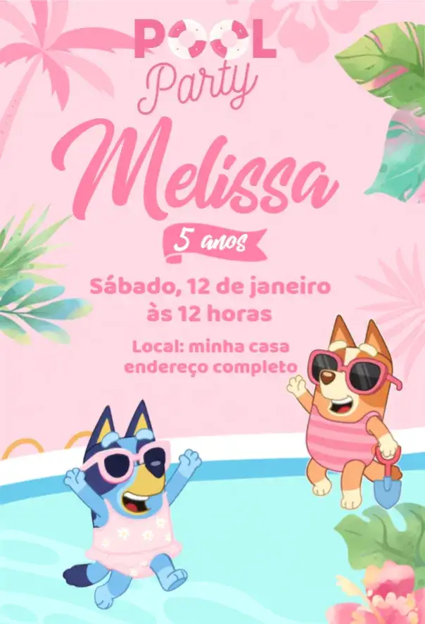 Convite Convite Pool Party Bluey e Bingo – tema Aniversário colorido, divertido, infantil, piscina, caracteres animados