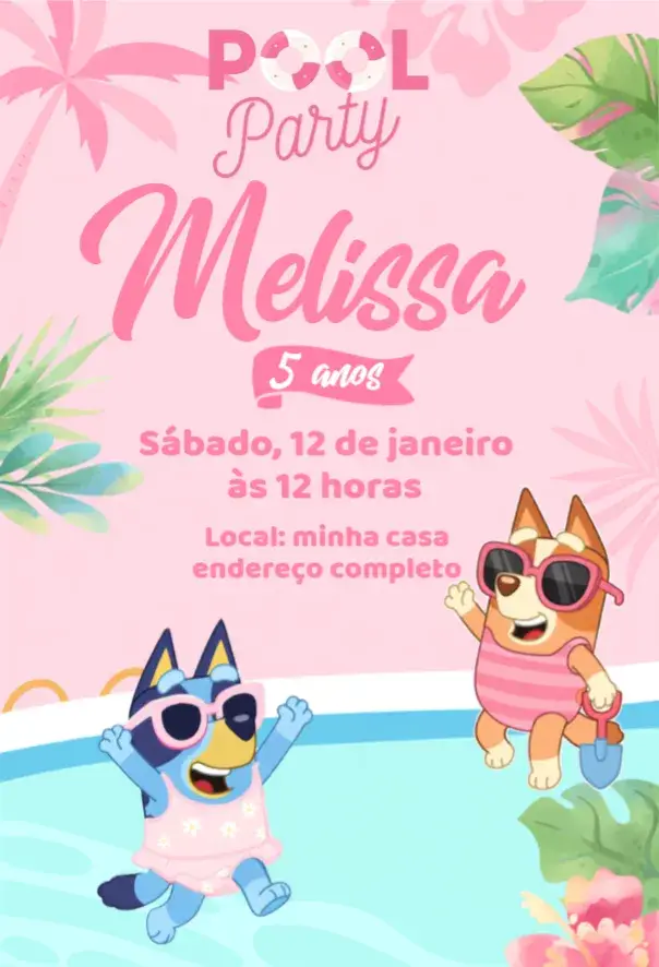 Convite Pool Party Bluey e Bingo