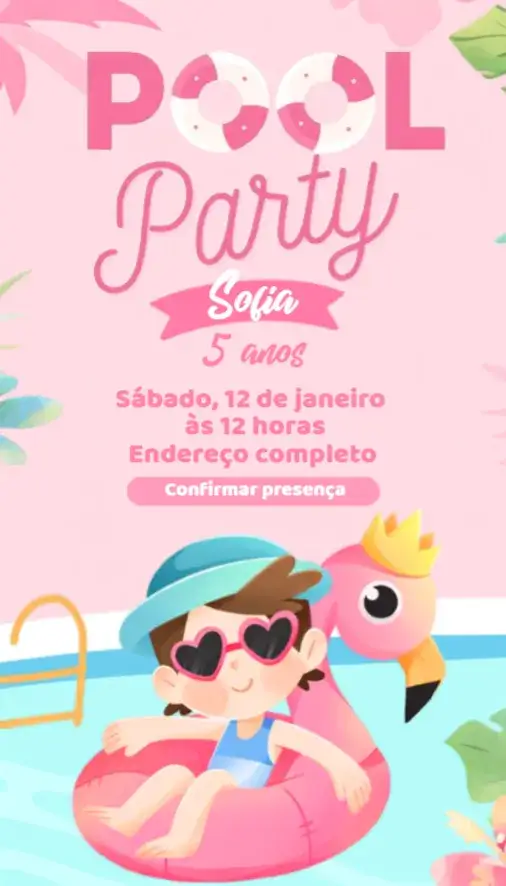 Convite Convite Pool Party Menina – tema Aniversário colorido, tropical, divertido, lúdico, praiano, verão