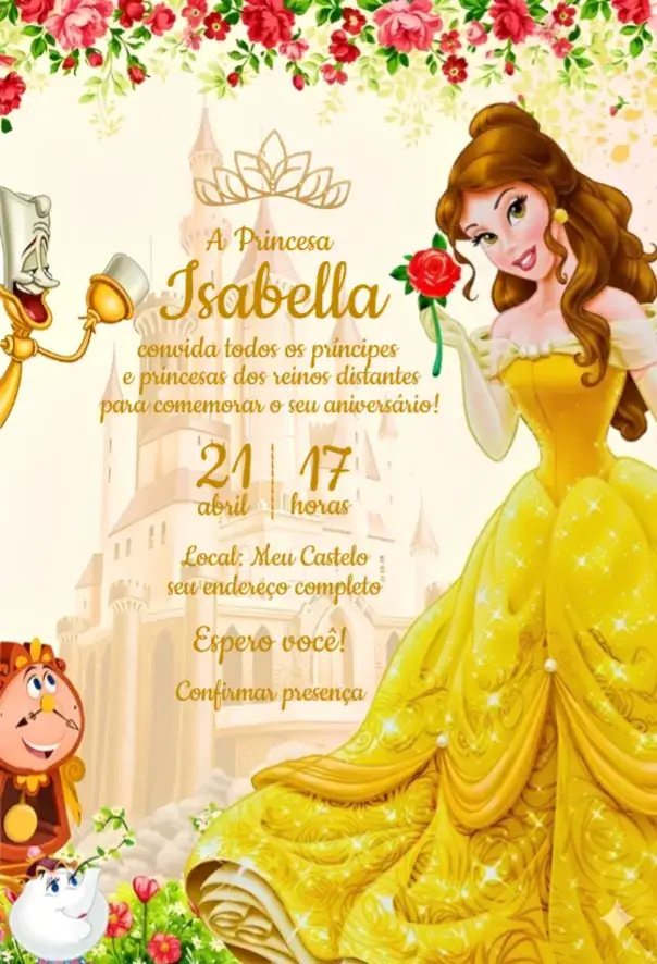 Convite Convite Princesa Bela – tema Aniversário cores suaves, temática Disney, elementos de conto de fadas, estilo encantado, design lúdico