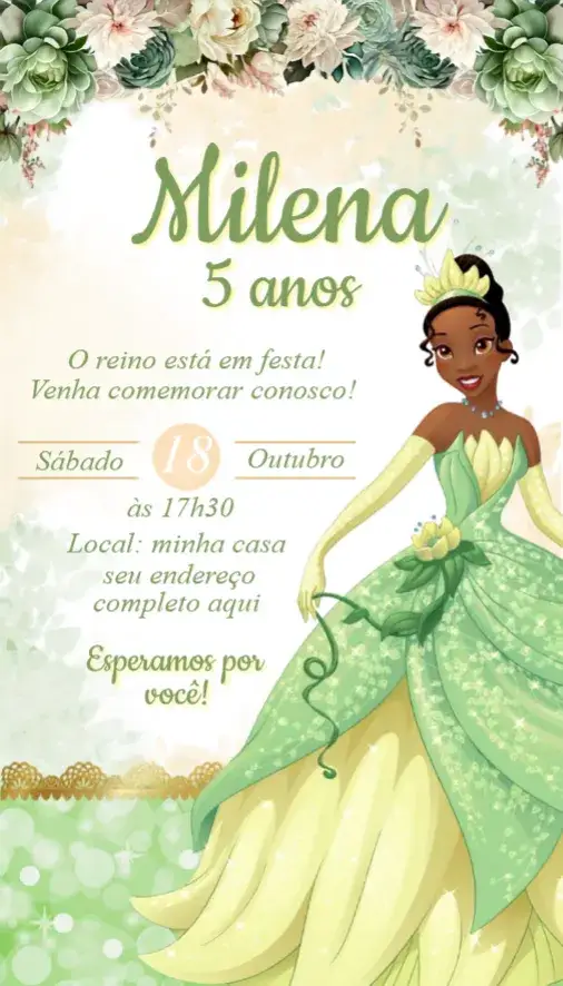 Convite Convite Princesa Tiana – tema Aniversário colorido, temática princesa, lúdico, vibrante, ilustrações da Disney