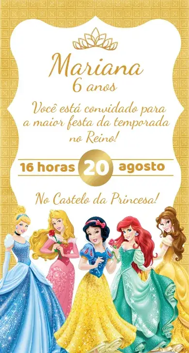 Convite Convite Princesas Digital – tema Aniversário coração encantado, palácio mágico, cores pastel, estilo vintage, elementos de conto de fadas, brilho e glamour