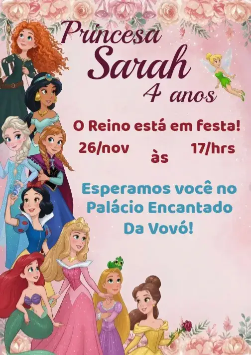 Convite Convite Princesas Digital – tema Aniversário cores pastel, estilo ilustrativo, elementos de contos de fadas, brilho e glamour, estilo romântico, inspiração mágica