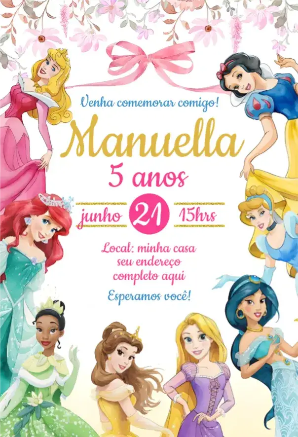 Invitation Convite Princesas Disney – Aniversário theme colorido, mágico, fantasia, infantil, divertido