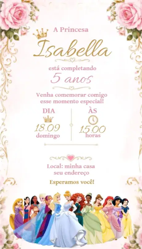 Convite Convite Princesas Disney – tema Aniversário floral, aquarela, colorido, mágico, divertido, encantado