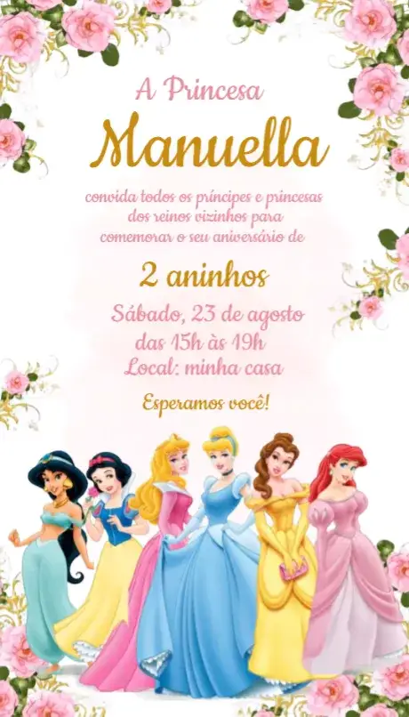 Convite Convite Princesas Disney – tema Aniversário floral, aquarela, colorido, infantil, mágico, temático