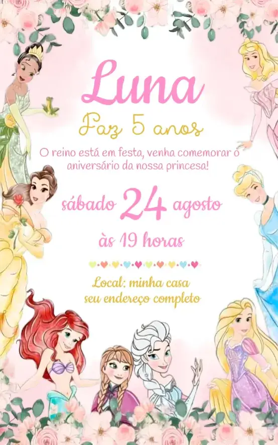 Convite Convite Princesas Disney – tema Aniversário aquarela, colorido, feminino, fantasia, lúdico, mágico