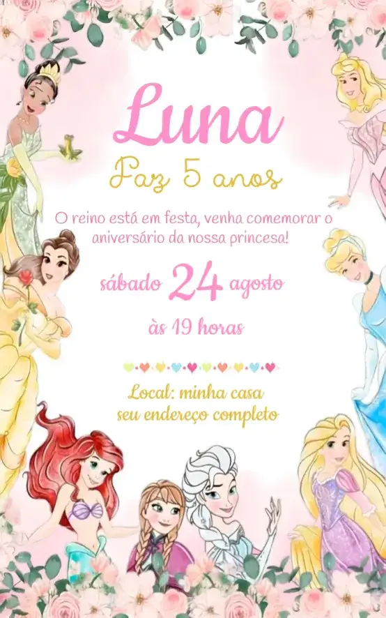 Invitation Convite Princesas Disney – Aniversário theme aquarela, colorido, mágico, temático, infantil, encantado